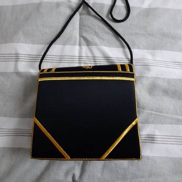 Ivana Trump Shoulder Bag Box Purse Book Design Black/Gold Satin - Picture 2 of 7